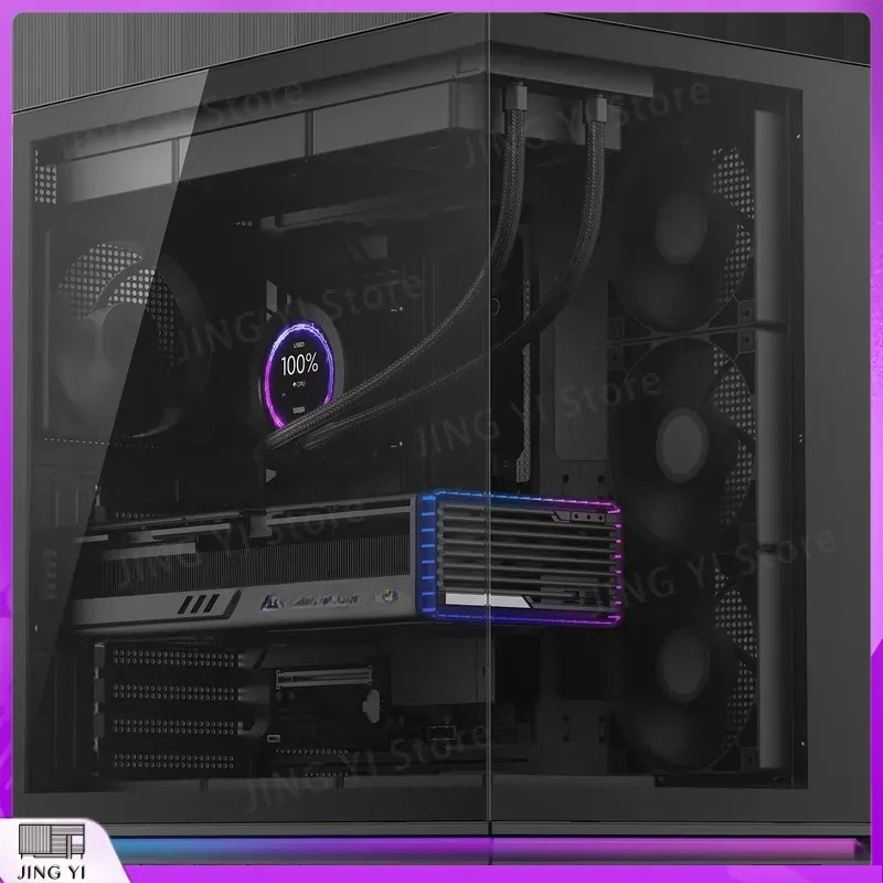 Pc Gaming Water Cooling - ATXミッドタワーゲーミングPCケース デュアルチャンバー水槽デザイン 強化ガラスサイドパネル RGBライトバー 水冷対応 ブラック